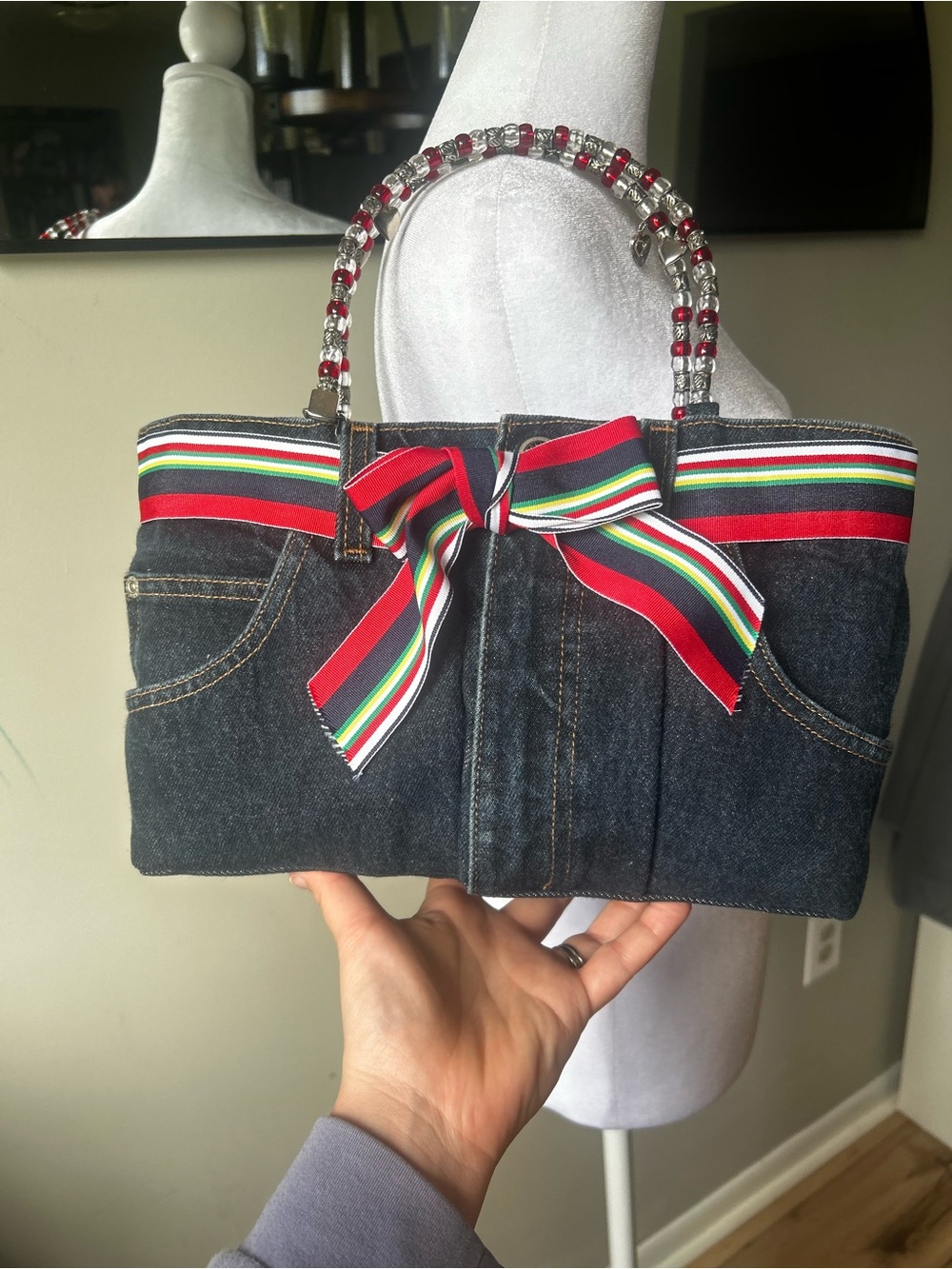 Handmade Dark Denim Mini Bag with Multicolor Stripe Bow and Beaded handle